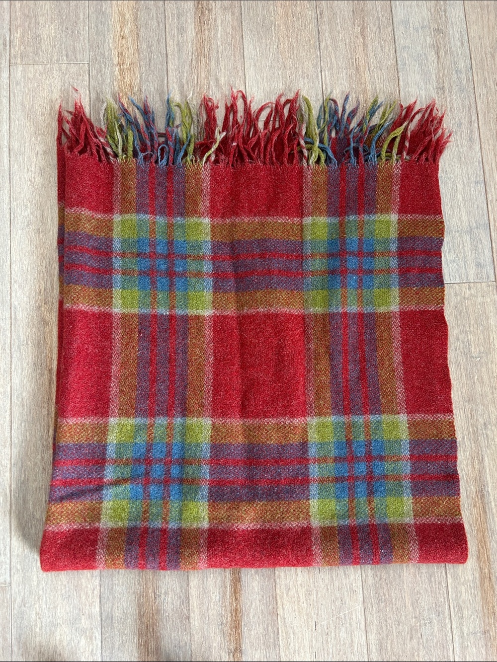 Red Plaid Fringe Scarf with Blue & Green Accents lap blanket